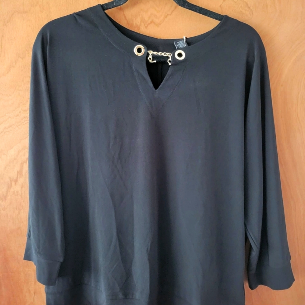 Tahari Black Nylon Blouse Gold Detail